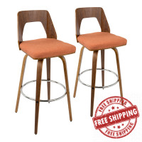 Lumisource B30-TRILOR WLO2 Trilogy Mid-Century Modern Barstool in Walnut and Orange Fabric - Set of 2